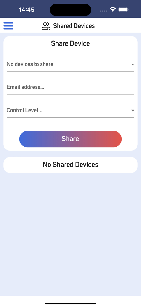 Ein Bildschirm in der proSmart-App, der Optionen zum Teilen der Steuerung von Smart-Home-Geräten mit anderen Benutzern per E-Mail anzeigt