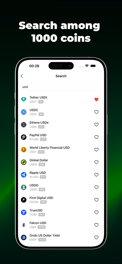 Crypto Bubbles app search screen displaying a list of various cryptocurrencies with their market ranks and favorite icons