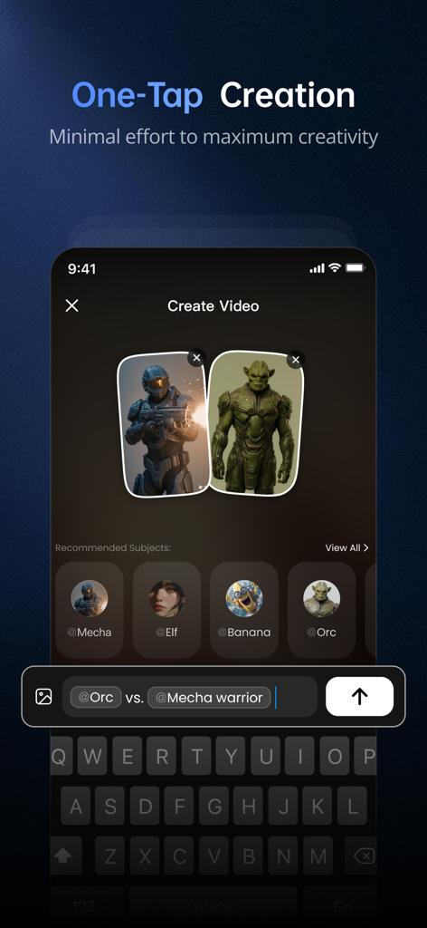 Schermata dello smartphone che visualizza l'interfaccia del generatore di video AI Vidu con prompt di personaggi per un video di Orco contro guerriero Mecha.