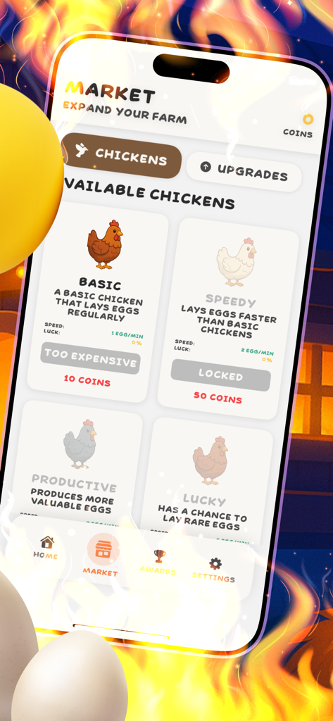In-game market screen showing available chickens for purchase including basic and speedy types with their stats and costs
