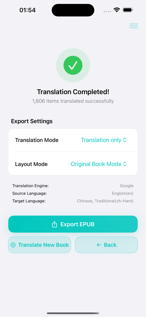 EPUB Translator - Interface of EPUB Translator showing a completed translation with export settings and language options