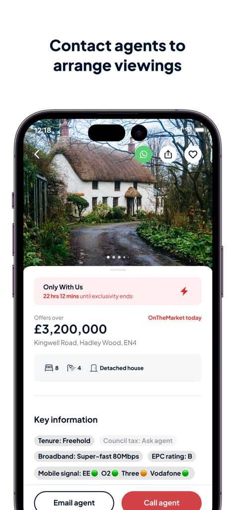 OnTheMarket Property Search - OnTheMarket app screen showing a luxury house listing with buttons to email or call an agent