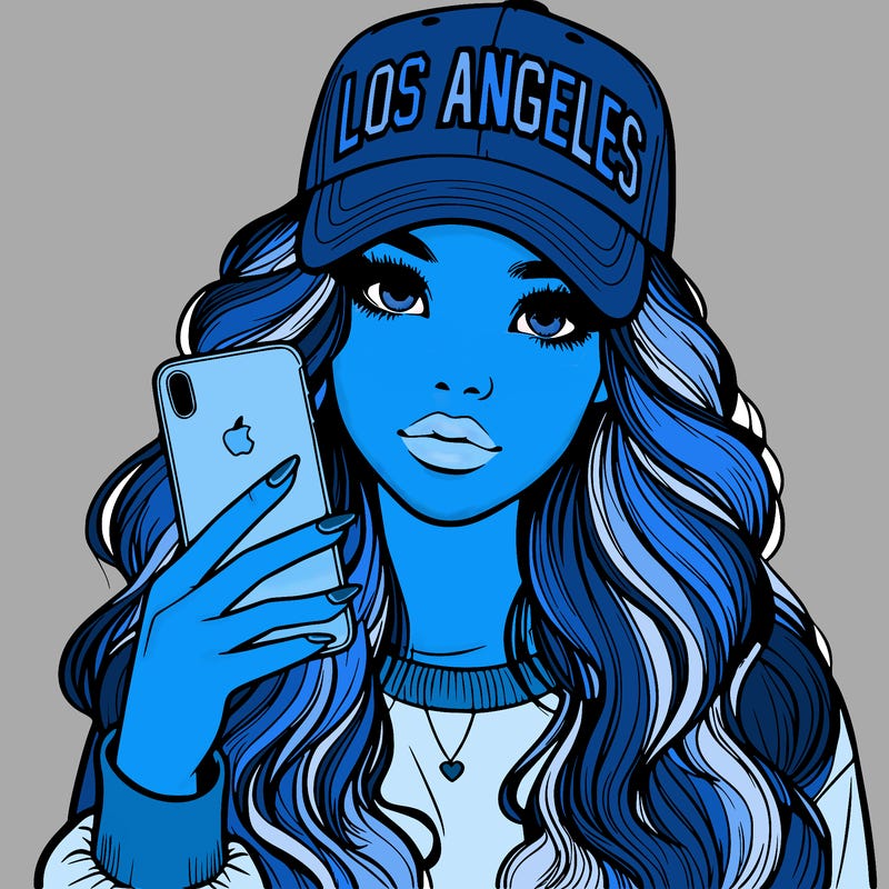realistic beautiful girl wearing los ángeles cap holding an iphone