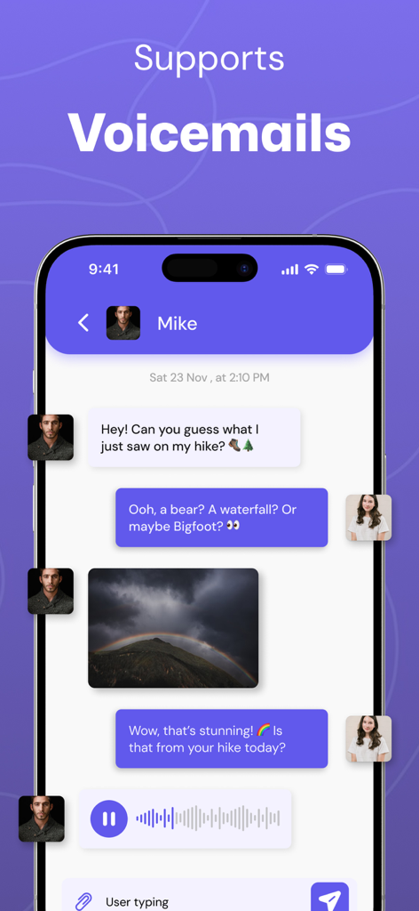 A chat screen within the Second Phone Number app showing text messages and a voice message