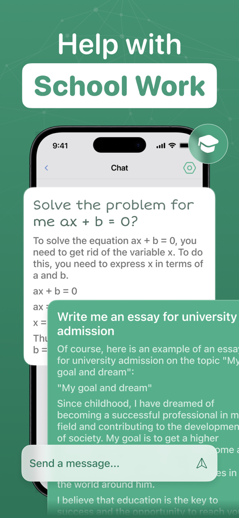 AI Chat Assistant - ChatAI Bot - AI Chat Assistant mobile app showing help with math equations and university admission essay writing