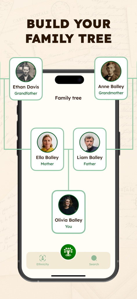 A smartphone interface displaying a visual family tree with photos and names of multiple generations.