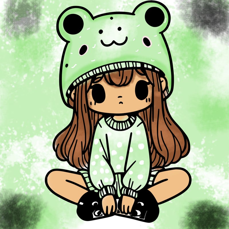 a girl wearing a frog hat and some frog socks