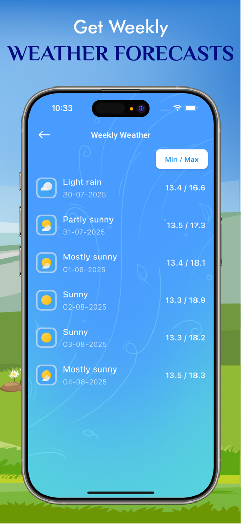 Pantalla de iPhone que muestra un pronóstico del tiempo semanal con rangos de temperatura diarios y condiciones climáticas.