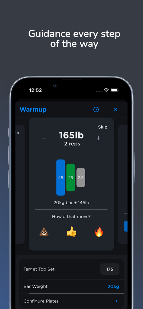 A screenshot of the JuggernautAI app showing a warmup set with a plate loading guide and a difficulty rating system.