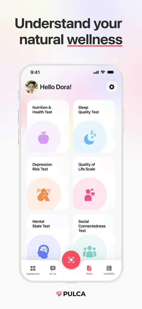Heart Rate, HRV Tracker: Pulca - Pulca app dashboard showing different health and wellness assessment tests like sleep quality and mental state