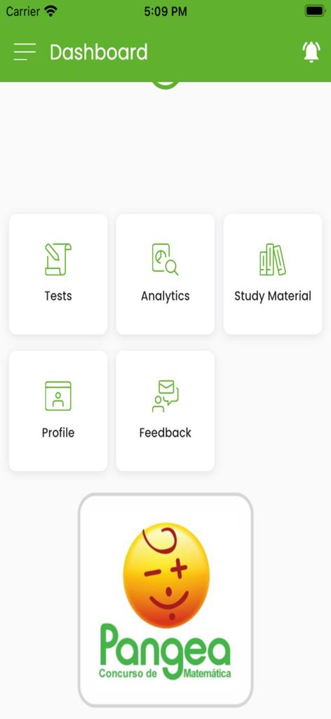 Panel de control de la aplicación Concurso de Matemáticas Pangea mostrando iconos de navegación para pruebas, análisis y materiales de estudio.