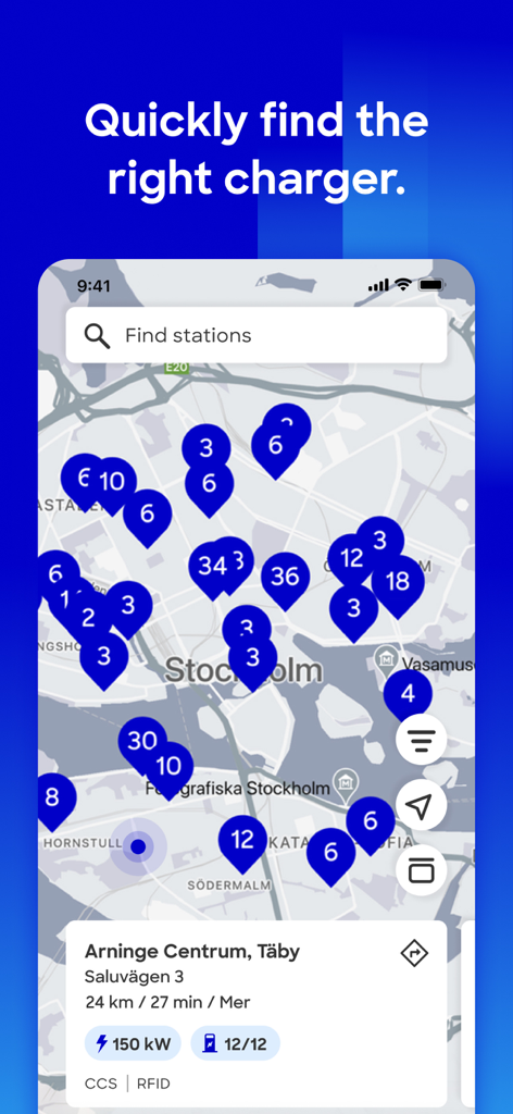 Mer Connect - Mer Connect mobile app interface showing a map of electric vehicle charging stations in Stockholm with real-time availability and power details