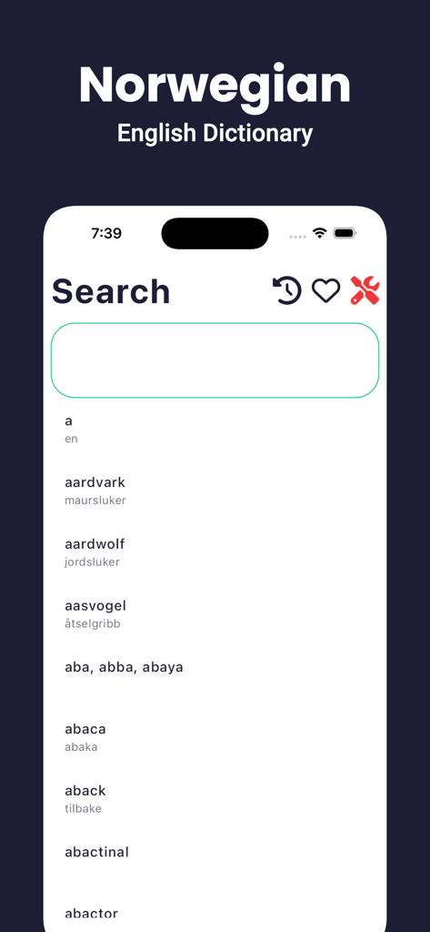 Suchoberfläche der norwegisch-englischen Wörterbuch-App, die Wortübersetzungen anzeigt
