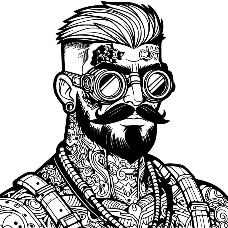 a realistic steampunk man covered in tattoos