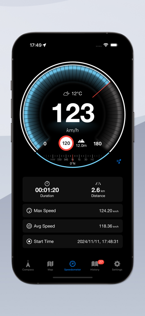 Speedometer GPS & Compass - Interfaz del velocímetro digital mostrando velocidad de 123 km/h, duración del viaje y métricas de distancia en un iPhone.