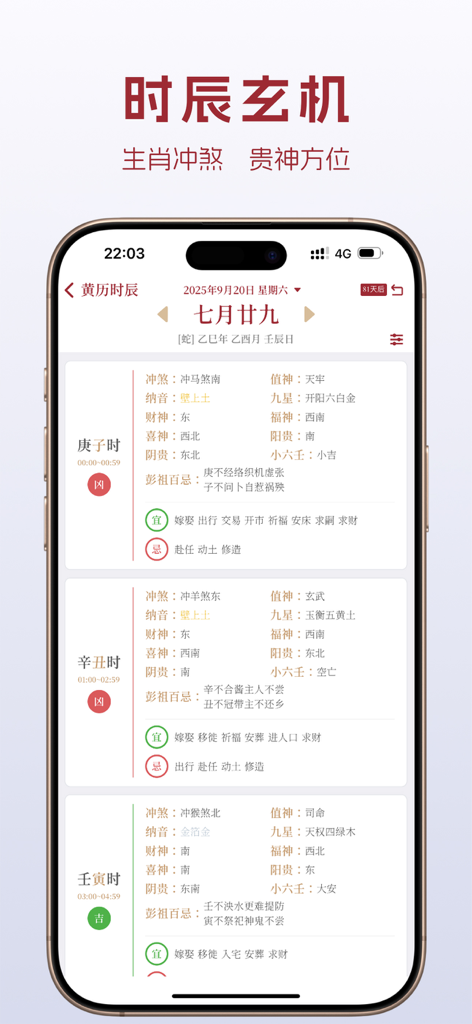 图上老黄历 - iPhone screenshot of a professional Chinese almanac app showing hourly fortune and auspicious directions