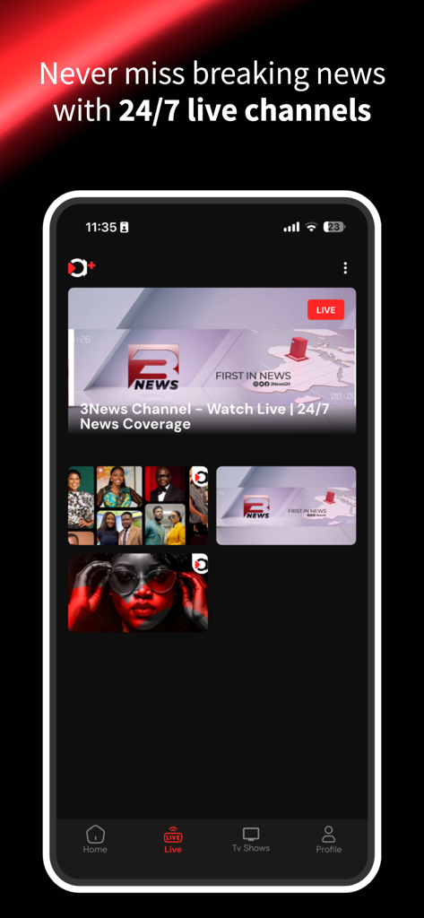 adesa plus app screen showing 24/7 live news with 3News channel coverage