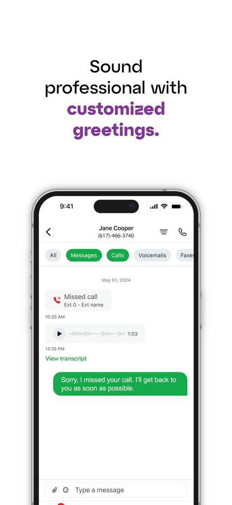 Interface of the Grasshopper app displaying a missed call and a professional automated text reply