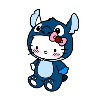 little cute hello kitty, blushing with little stitch costume