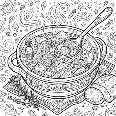 Get ready to color a heartwarming and intricate lamb stew scene, specially designed to captivate teen artists. This detailed page captures the essence of a cozy spring meal, complete with delicious ingredients and a decorative background.