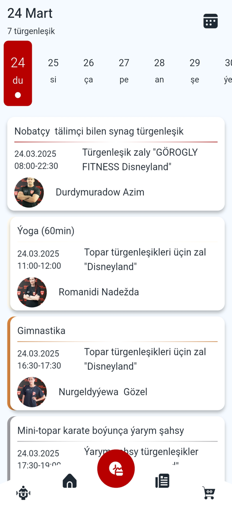 Aplicativo móvel GOROGLY FITNESS mostrando aulas de treino diárias e perfis de instrutores