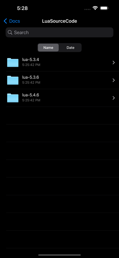 A list of bundled Lua source code folders for versions 5.3.4 5.3.6 and 5.4.6 in the documentation section