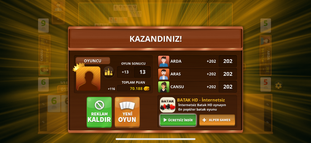 101 Okey HD-İnternetsiz YüzBir - A victory screen in the 101 Okey HD mobile game showing player scores and game results