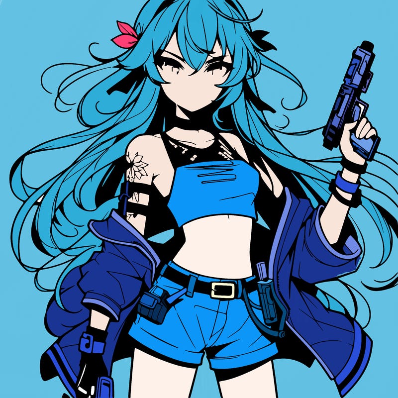 bad girl wearing crop top holding a gun long hair anime