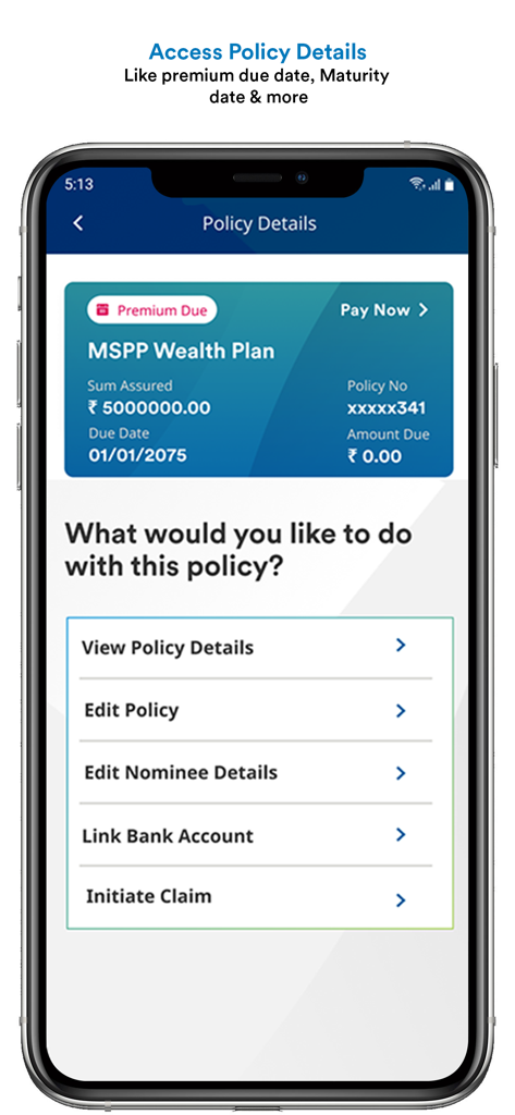 khUshi - A mobile screen from the khUshi app showing detailed insurance policy information including premium status and management options