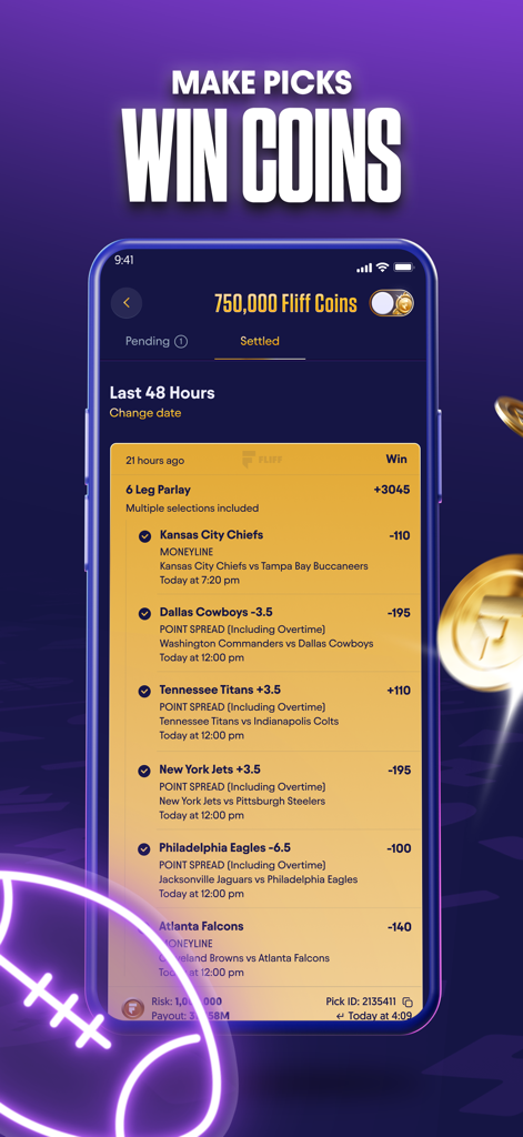 Fliff - Social Sports Picks - Screenshot dell'app Fliff che mostra una schedina multipla sportiva vincente di sei eventi con pronostici NFL.
