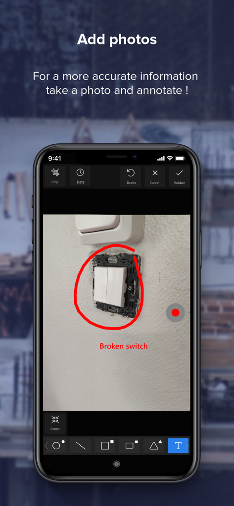 Site Supervision - Smartphone displaying the Site Supervision app with a photo of a broken light switch annotated with a red circle and text