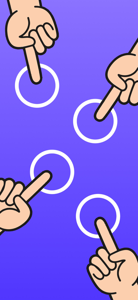 Go First! - Cuatro dedos tocando círculos blancos en una pantalla morada para elegir un jugador inicial