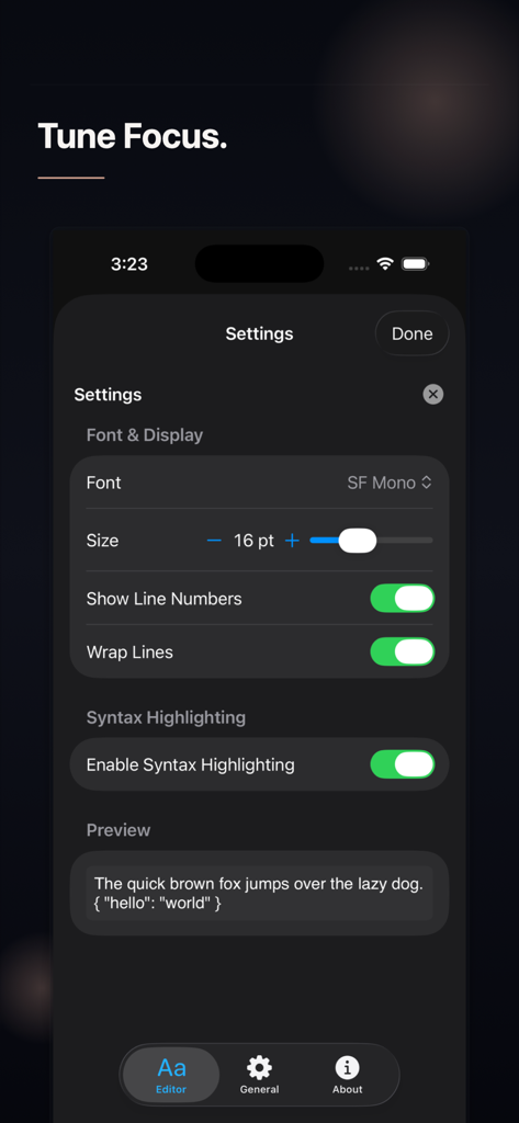TextNova app settings screen showing editor customization options like font size, line numbers, and syntax highlighting.