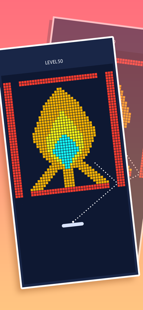 Huge Bricks mobile gameplay screenshot showing a flame shaped brick arrangement on level 50 with ball trajectory indicator