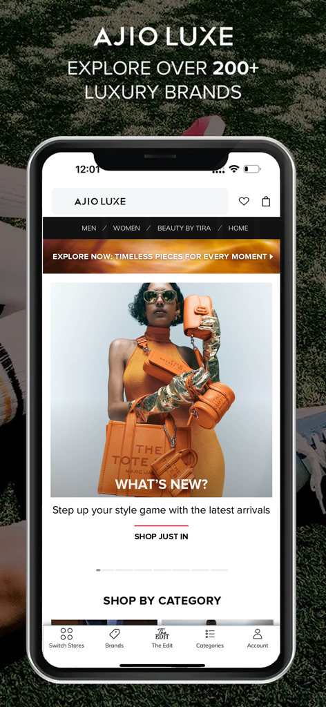 AJIO Luxe shopping app interface featuring luxury brands and fashion arrivals.