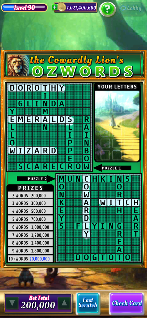 Scratch Off Lottery Casino - Un jeu de mots croisés à gratter sur le thème du Magicien d'Oz intitulé Les Mots Croisés du Lion Lâche, montrant deux puzzles et des prix potentiels.