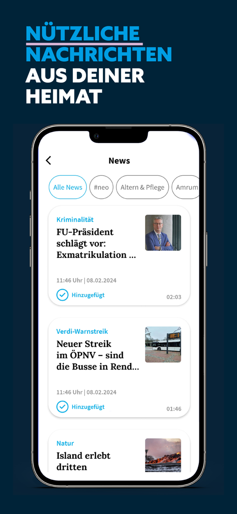 Benutzeroberfläche des shz HOERBAR App-Nachrichten-Feeds auf einem Smartphone-Bildschirm, der lokale Nachrichten-Kategorien anzeigt.
