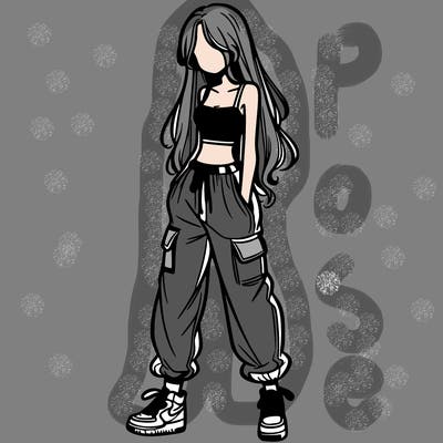 girl in baggy pants crop top and long hair