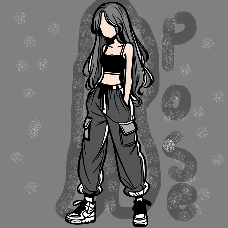 girl in baggy pants crop top and long hair