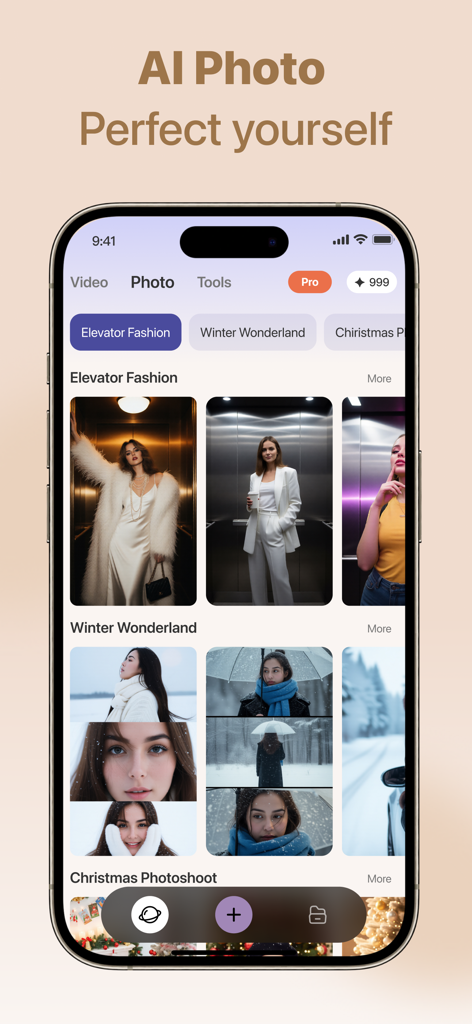 Nebula AI - AI Photo Video - Mobile app interface showing AI-generated portrait categories for fashion and winter themes.