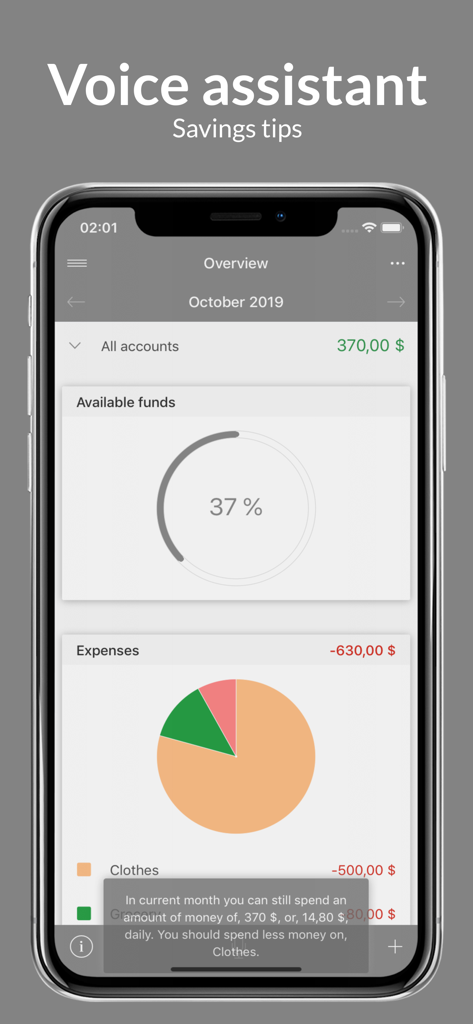 SayMoney - Budget & Expenses - SayMoney app interface showing budget overview and voice assistant savings tips