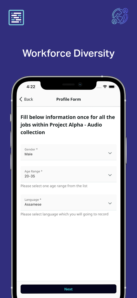 Shaip Work - Shaip Work app screen displaying a profile form to collect user demographics like gender, age, and language for project tasks.