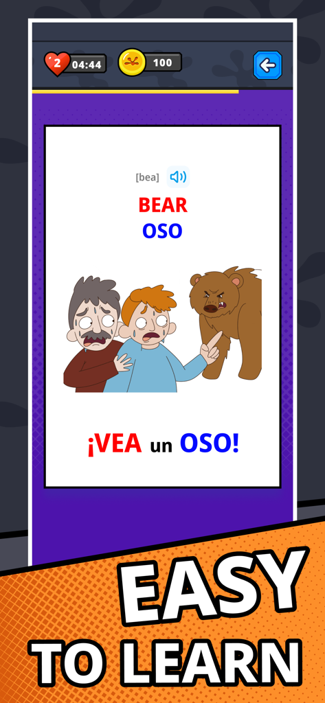 Easy Lizzy: English words - Easy Lizzy app screen showing a visual association and mnemonic for learning the English word Bear