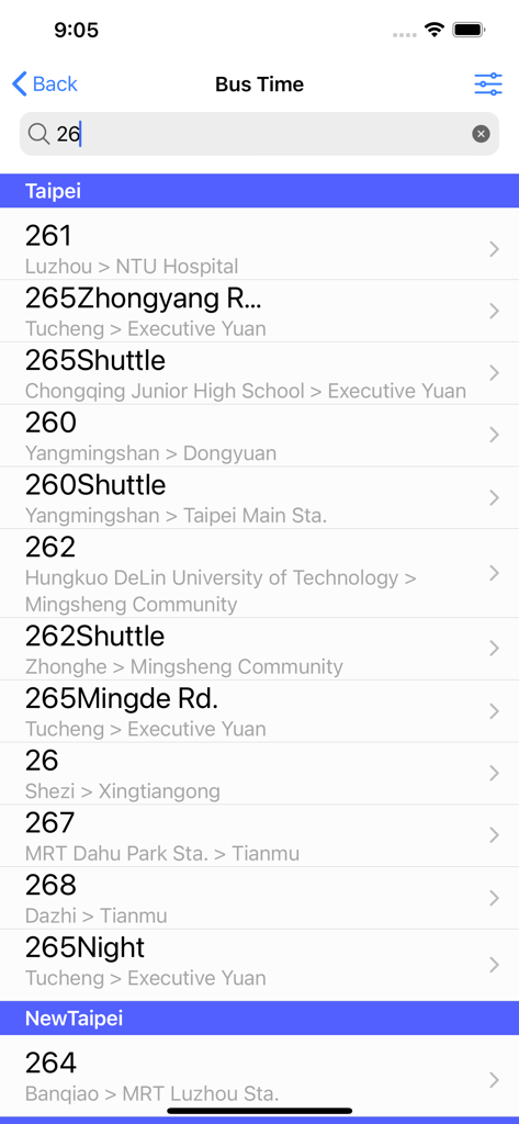GoTW - GoTW app screen showing a search for bus routes and transit times in Taipei and New Taipei City