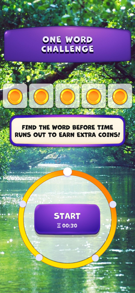 Words of Paradise - Words of Paradise one word challenge mini game screen with a peaceful nature background