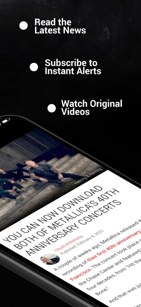 Ultimate Metallica - Ultimate Metallica app interface displaying news about band concerts and features like instant alerts