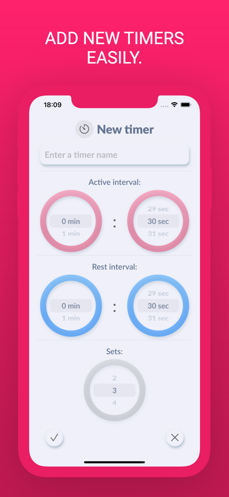 Mobile app screen for creating a custom interval timer with active and rest period settings