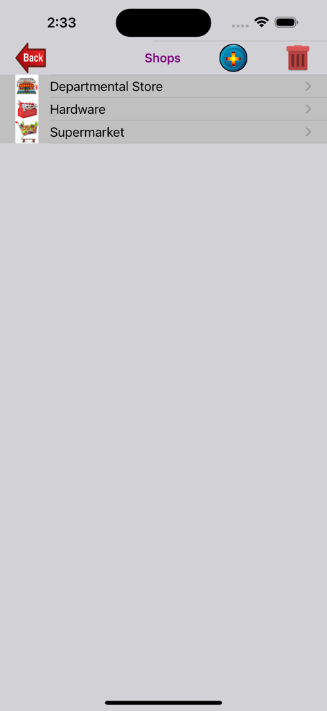 Shopping-List. - Una interfaz móvil para gestionar categorías de tiendas que muestra ferretería departamental y supermercado.