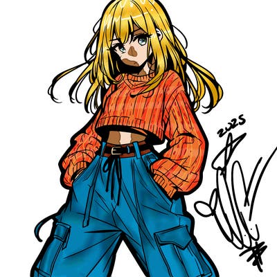 anime teen girl with baggy pants and crop top with sweater