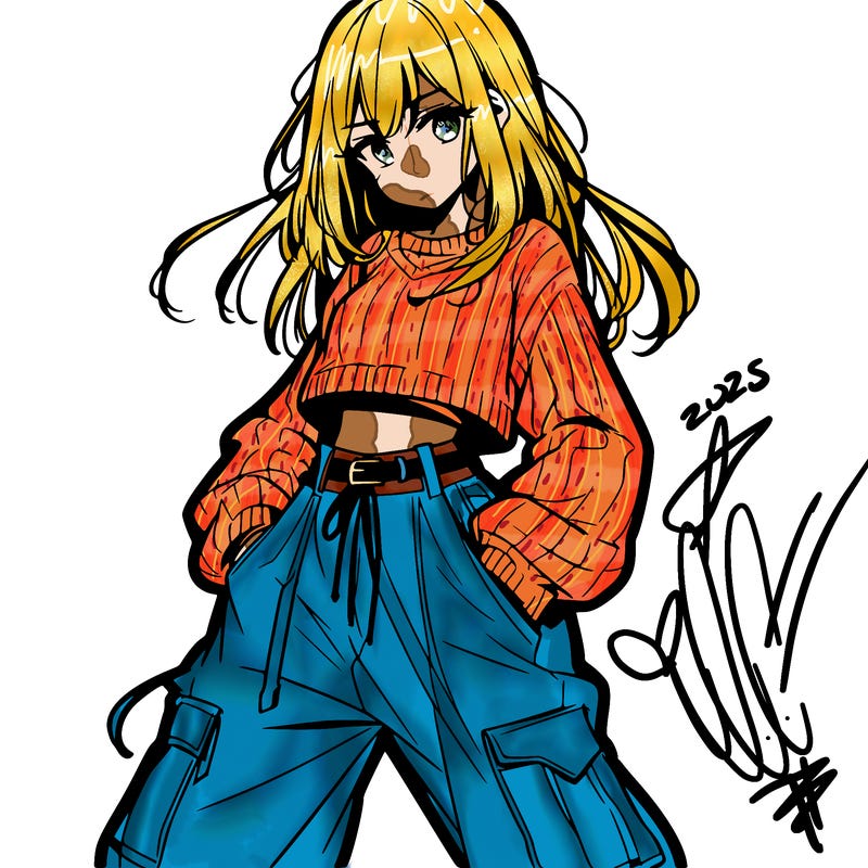 anime teen girl with baggy pants and crop top with sweater